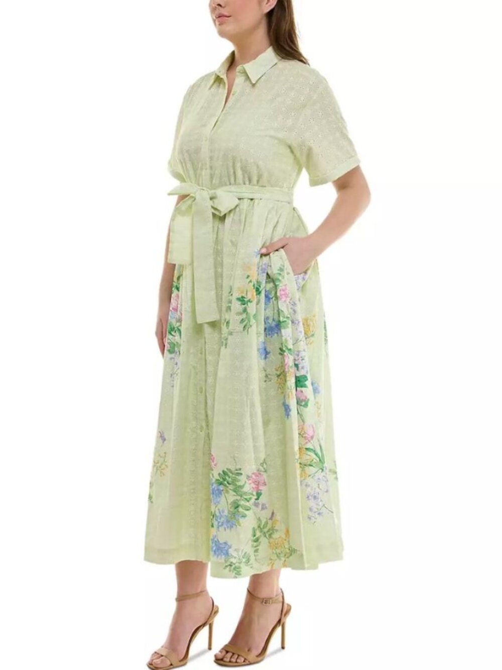 Taylor Eyelet-Embroidered Belted Cotton Shirt Dress Green Size 2